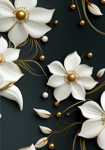 Hoja de papel adhesivo fotográfico mate acabado (Flores blancas con fondo oscuro y retoques dorados)